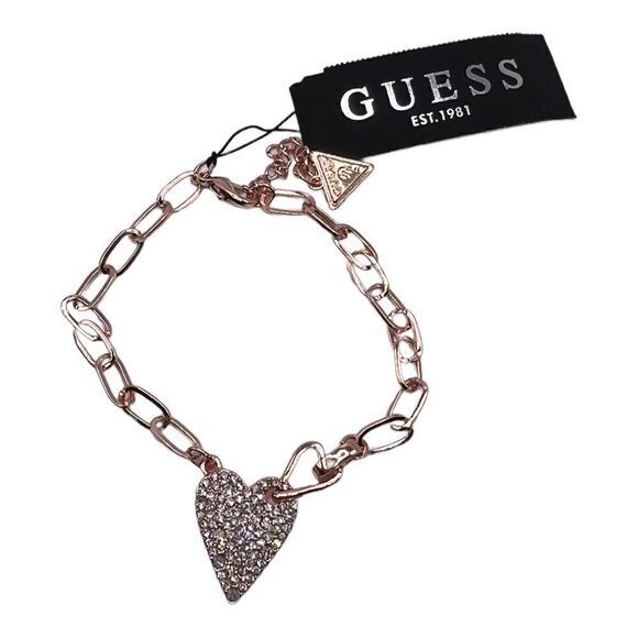 GUESS Rose Gold Tone Pavé Crystal Heart Paperclip Link Chain Bracelet New - Picture 2 of 3